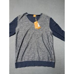 HUGO BOSS Linen Blend Sweater Women L Blue Colorblock Unisex‎ Y2K Retro Romantic